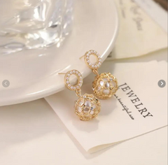 Korean Premium Pearl Cage Drop Earrings - Elegant Waterproof Design