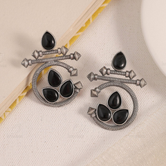 Aadhya Circular Stud Earrings | Black Stone Silver Jewelry with Unique Design
