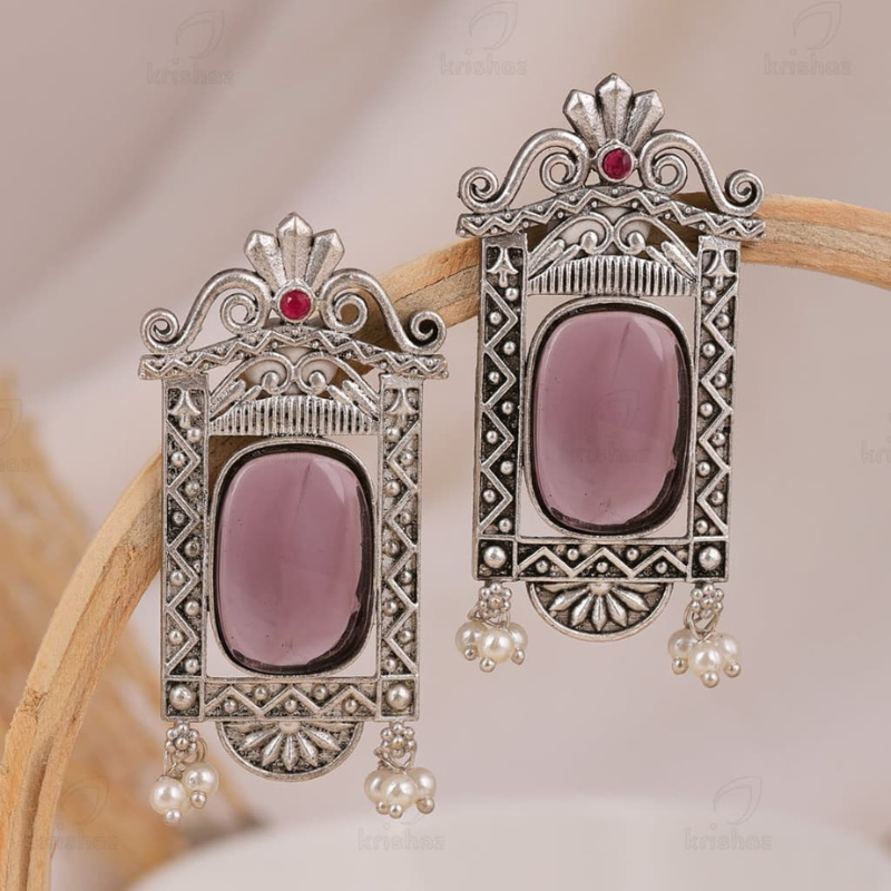 Darpan Stud Earrings - Purple Colour | Traditional Silver Jewelry