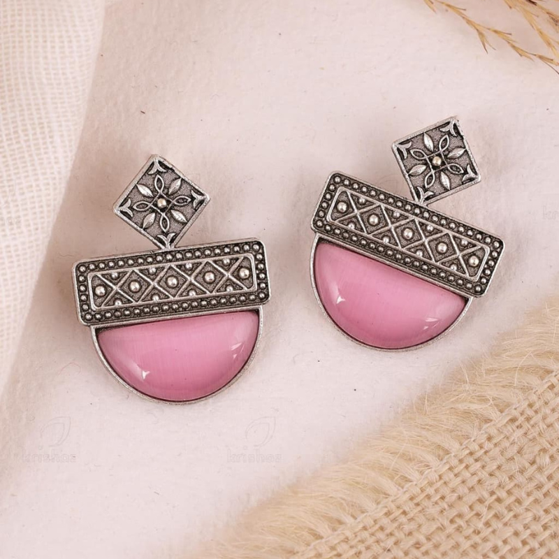 Deepika Stud Baby Pink Earrings | Antique Silver Design