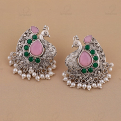 Peacock Design Earrings | Baby Pink & Green Stones | Lightweight Silver Jewelry
