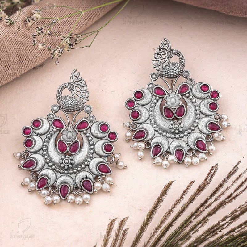 Saavan Peacock Studs Rani Colour Earrings | Traditional Indian Jewelry