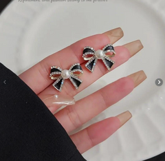 Korean Premium Pearl Bow Earrings - Waterproof & Elegant Black Design