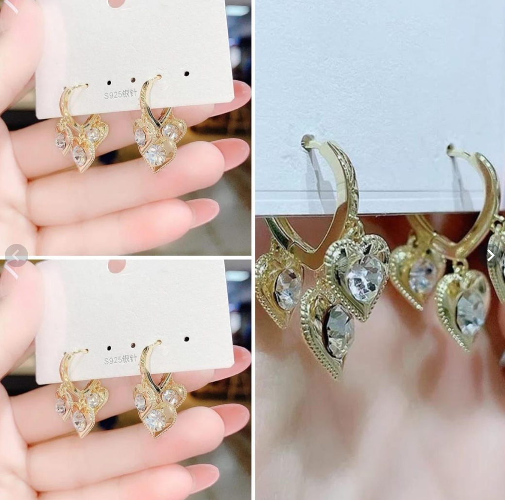 Korean Premium Heart Drop Earrings - Waterproof Crystal Gold Hoops