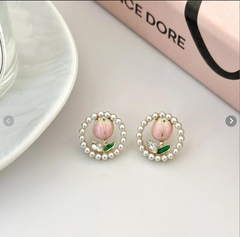 Korean Premium Pearl Floral Earrings - Waterproof Pink Blossom Design