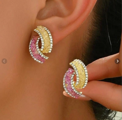 Korean Premium Two-Tone Hoop Earrings - Waterproof Pink and Yellow Crystals