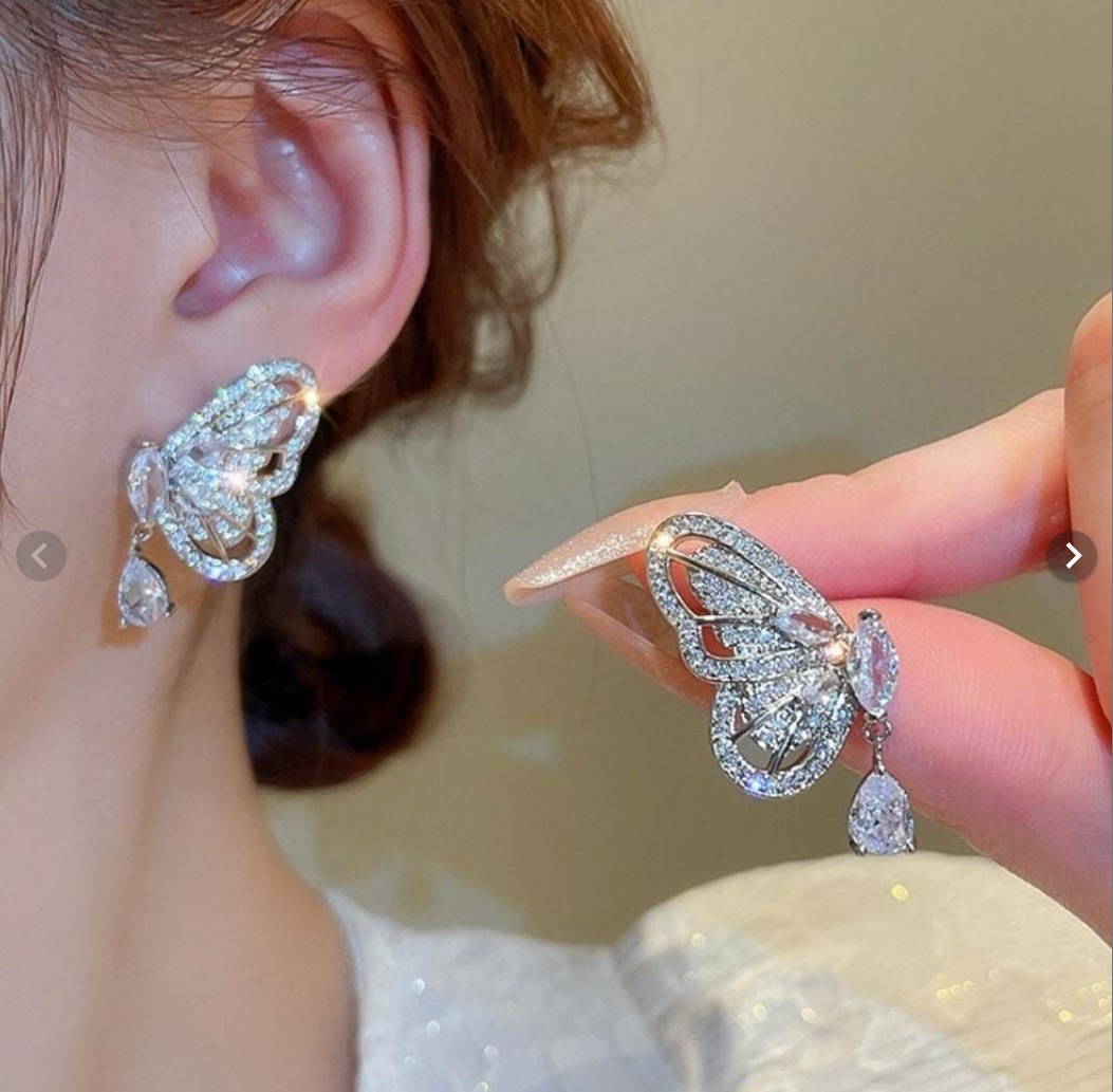 Korean Premium Butterfly Drop Earrings - Lightweight Waterproof Crystal Design