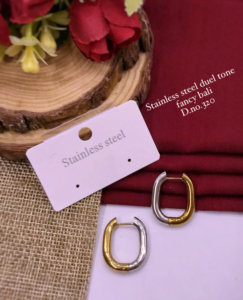 Stainless Steel Dual-Tone Fancy Bali Earrings – Unisex Hoop Style