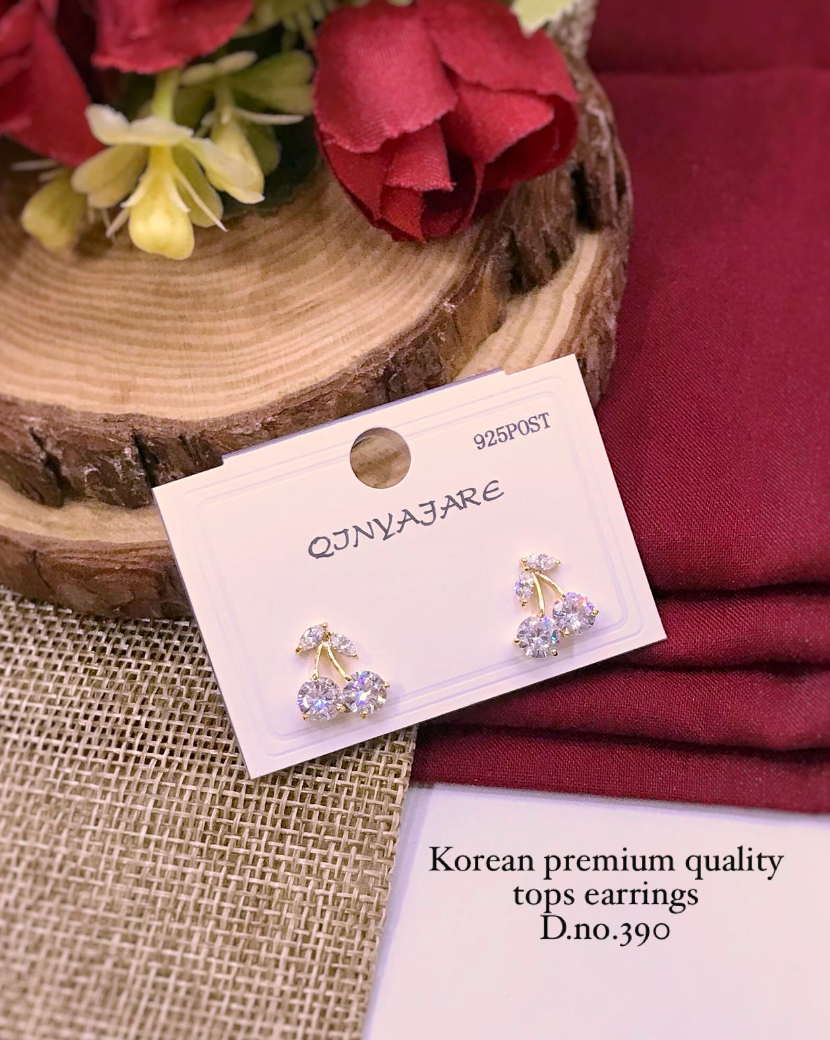 Korean Premium Cherry Design Earrings – Sparkling Crystal Tops