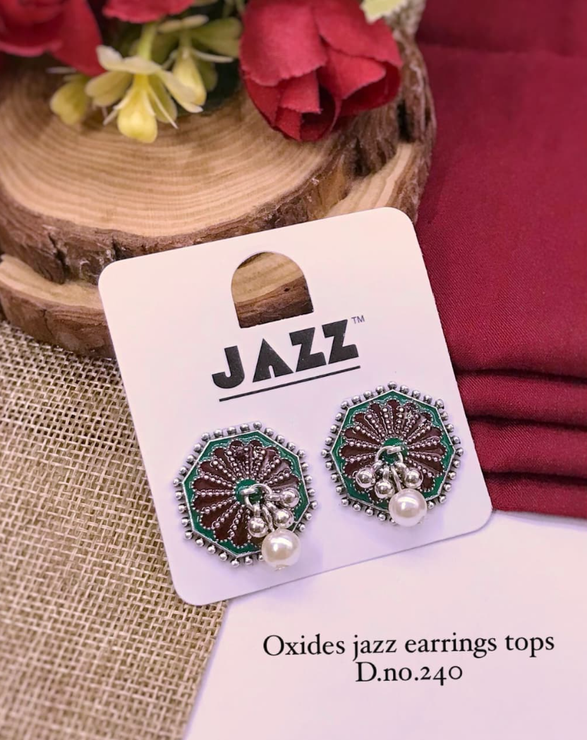 Oxidized Jazz Style Earrings – Maroon-Green Enamel with Pearl Drop