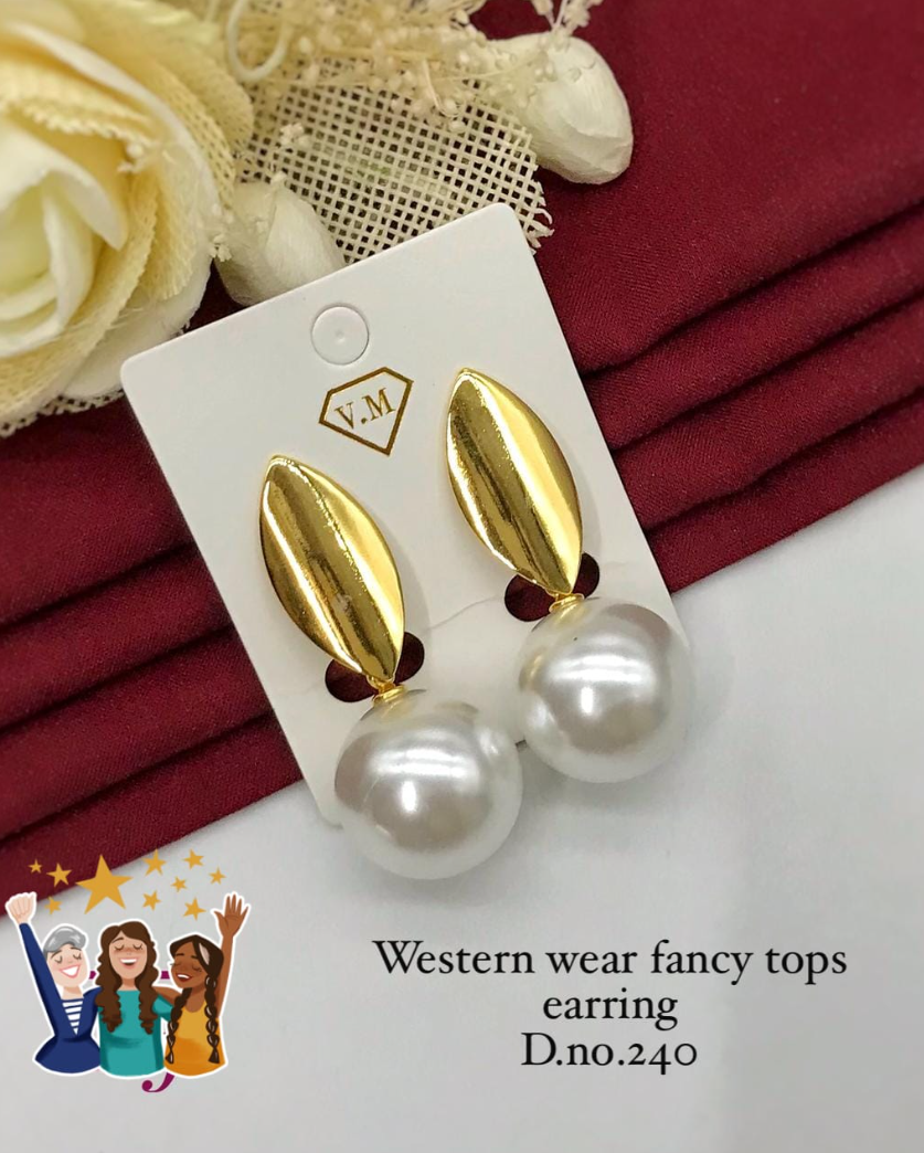 Western Wear Luxury Gold Leaf & Pearl Drop Earrings – Elegant Fancy Tops