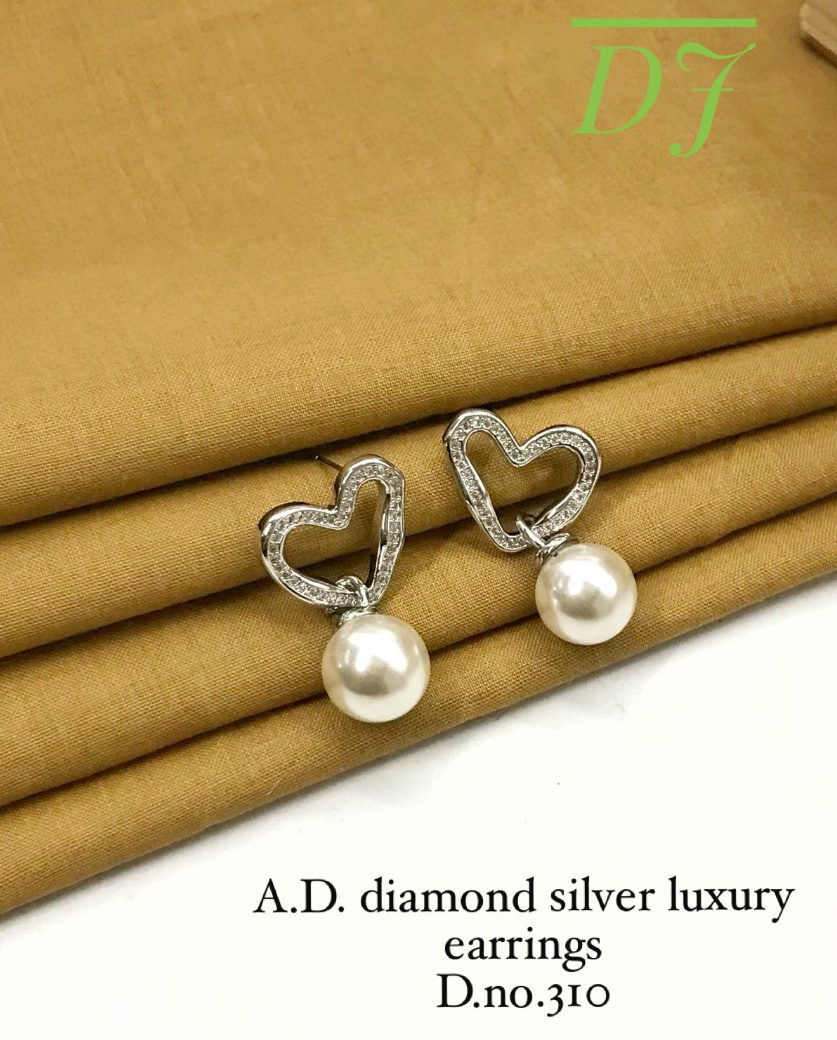 A.D. Diamond Silver Heart-Shaped Pearl Luxury Earrings