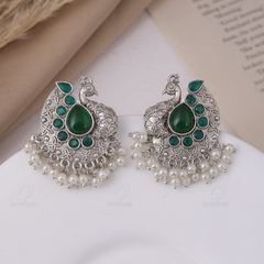 Shyla Peacock Stud Earrings – Green and Silver | Traditional Indian Jewelry