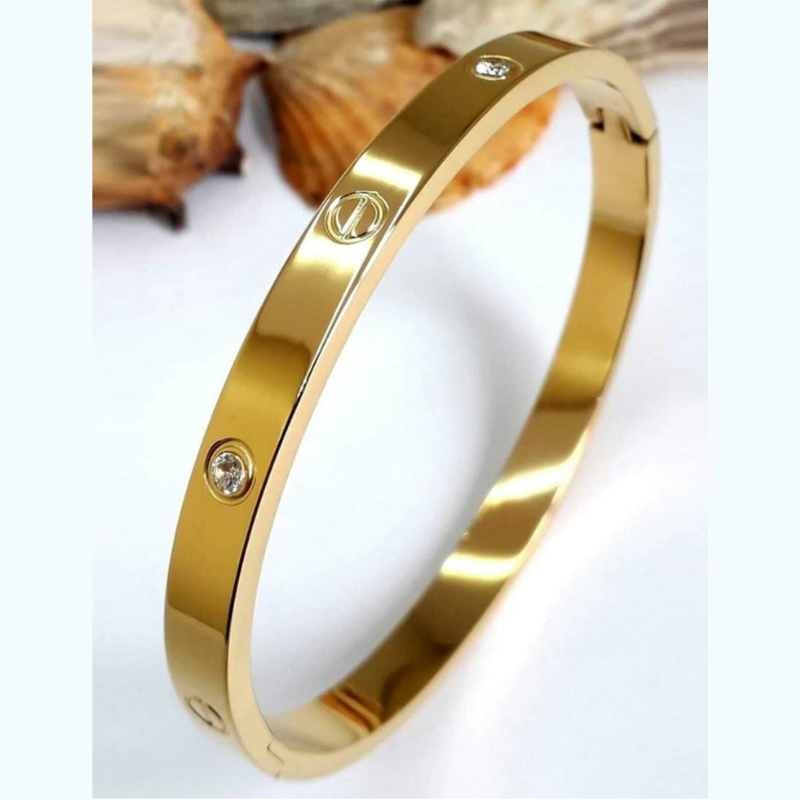 Stainless Steel Anti-Tarnish Adjustable Bangles – Gold with Diamond Detailing